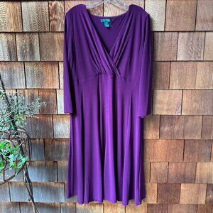 Ralph Lauren Deep Magenta V-Neck Stretch Knit A-Line Dress in Women's 16W